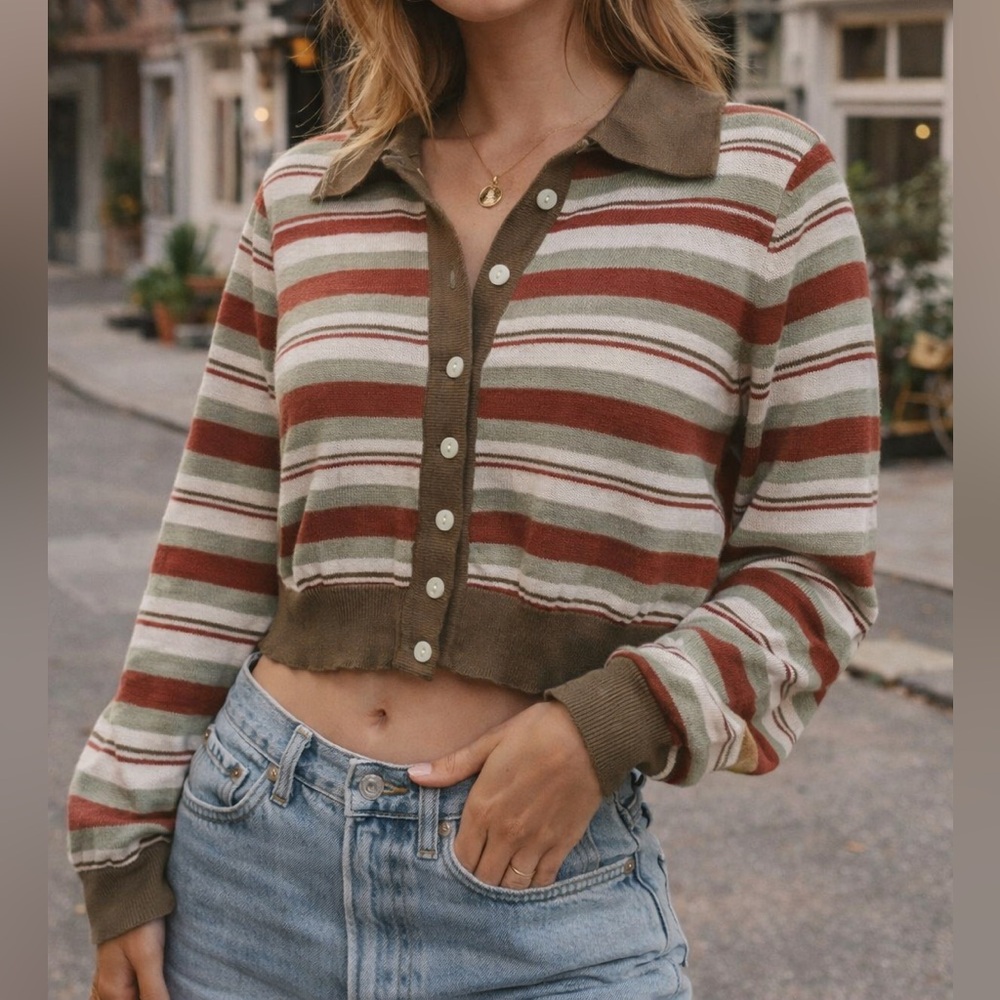 Cropped Striped Cardigan Sweater Women’s Earth Tone Button Front Indie